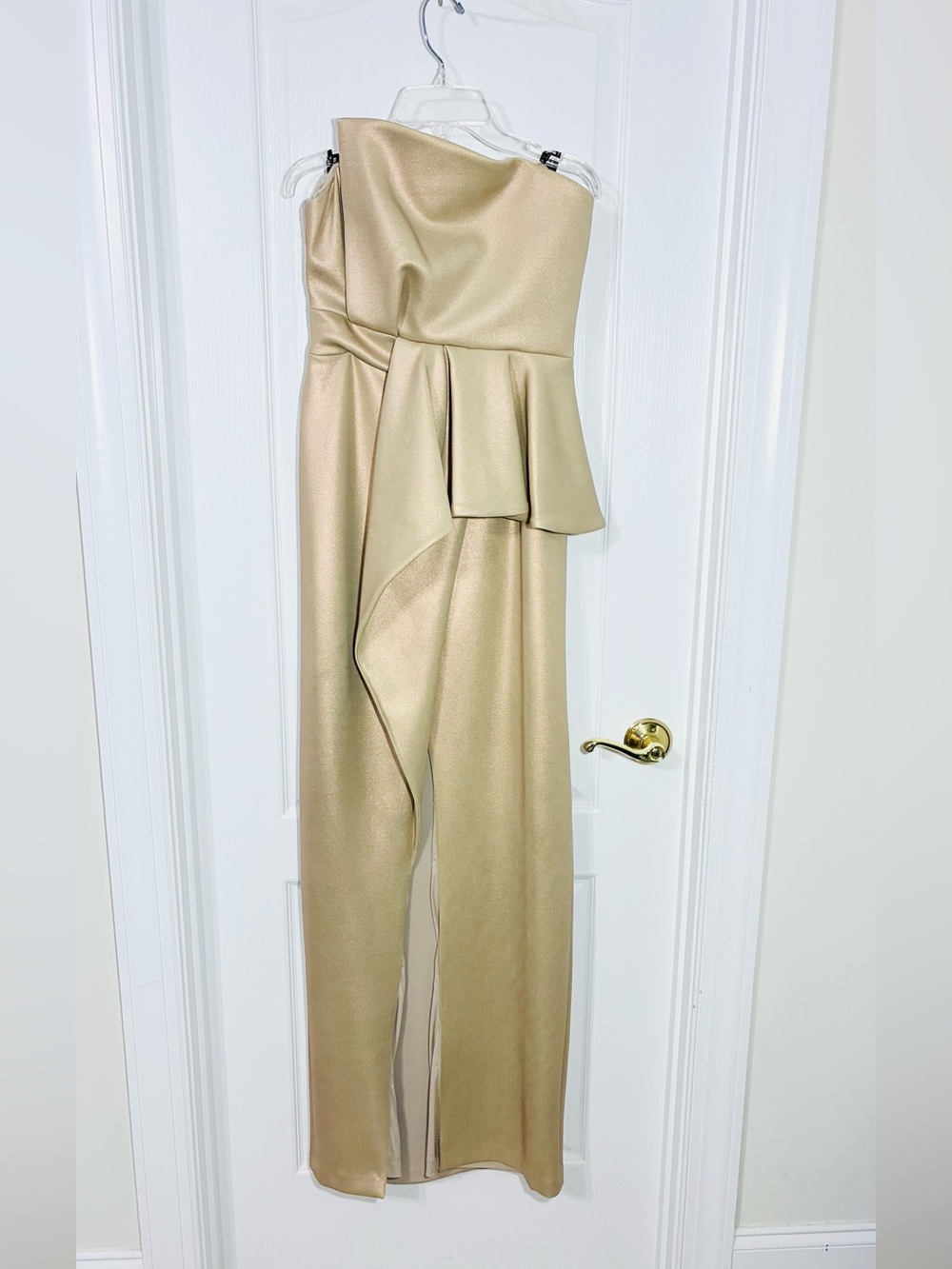 Black Halo Eve Gold Metallic Asymmetric Ruffle Overlay Strapless Dress Size 8
